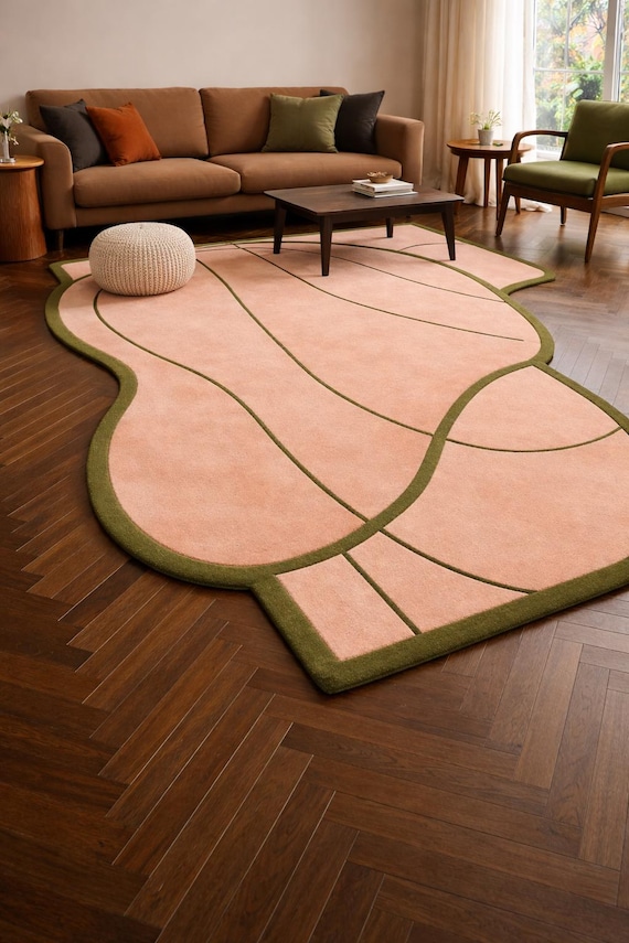 Organic Shape Hand Tufted Wool Rug, Peach Green Abstract Area Rug, Modern Living Room Carpet, Soft Wool Pile Designer Rug