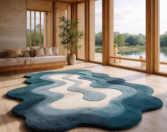 Abstract Blue Wool Rug, Hand-Tufted Sculpted Organic Carpet
