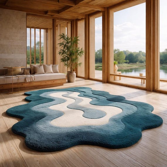 Abstract Blue Wool Rug, Hand Tufted Organic Shape Area Rug, Modern Sculpted Carpet, Designer Living Room Rug