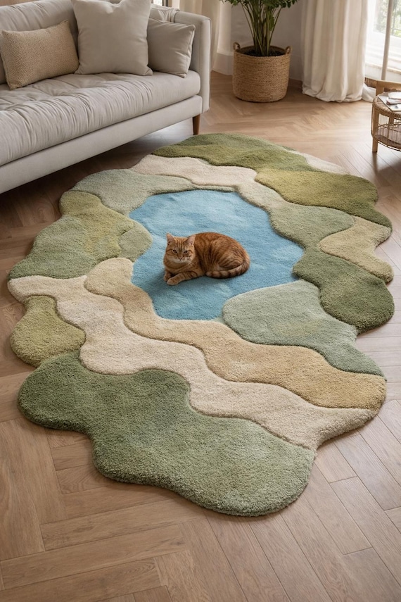 Abstract Wavy Green Area Rug, Hand Tufted Organic Shape Carpet, Modern Wool Rug for Living Room, Bedroom Decor, Soft Plush Floor Rug
