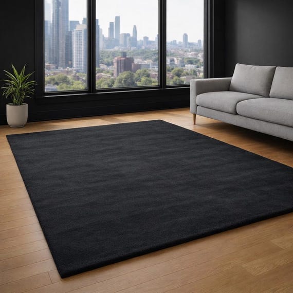 Black Hand Tufted Wool Rug | Solid Color NZ Wool Area Rug | Modern Minimalist Carpet for Living Room Bedroom