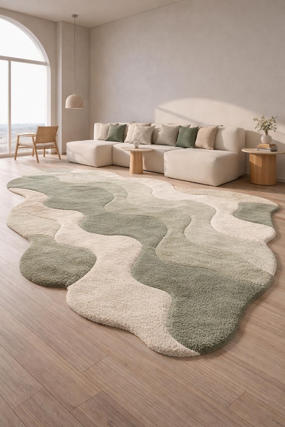 Abstract Green & Cream Hand Tufted Rug, Modern Organic Shape Area Rug, Wool Textured Living Room Carpet, Minimalist Designer Rug