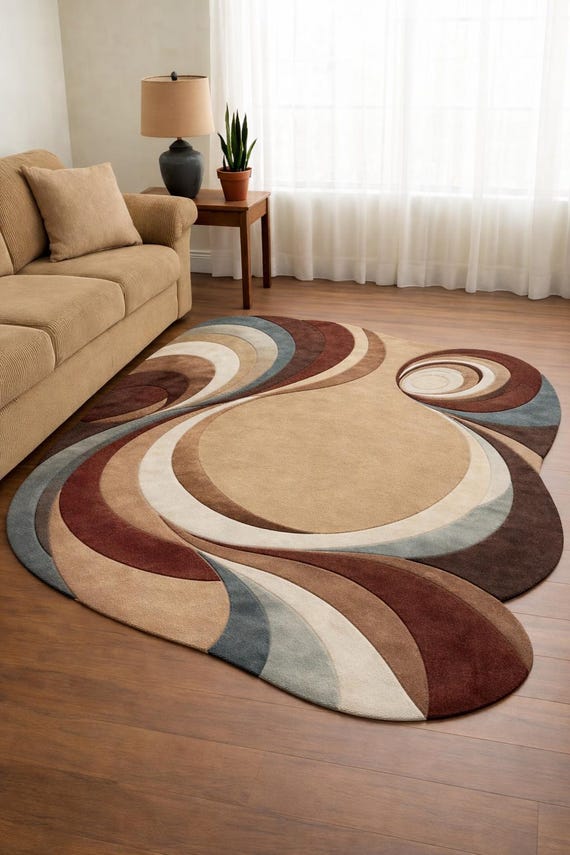 Abstract Swirl Wool Rug, Hand Tufted Round Area Rug, Modern Retro Carpet, Organic Shape Living Room Rug