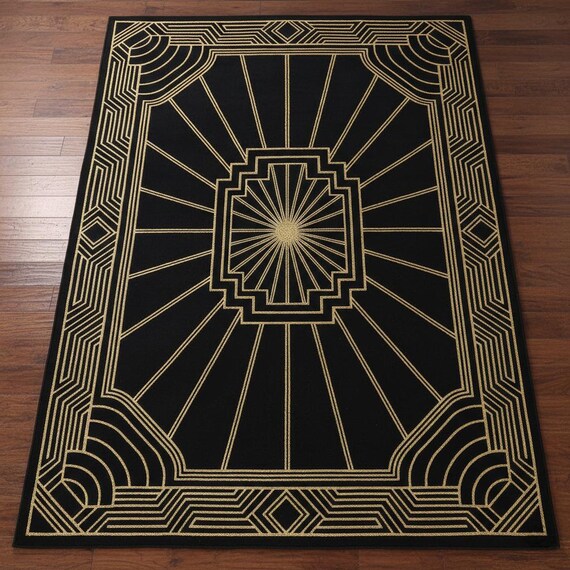Hand-Tufted Wool Art Deco Rug – Black & Gold Geometric Design “Limited Stock | Trending Etsy Design”
