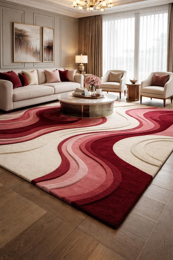 Abstract Wavy Red & Cream Hand Tufted Wool Rug | Modern High Low Area Rug for Living Room | Luxury Designer Carpet