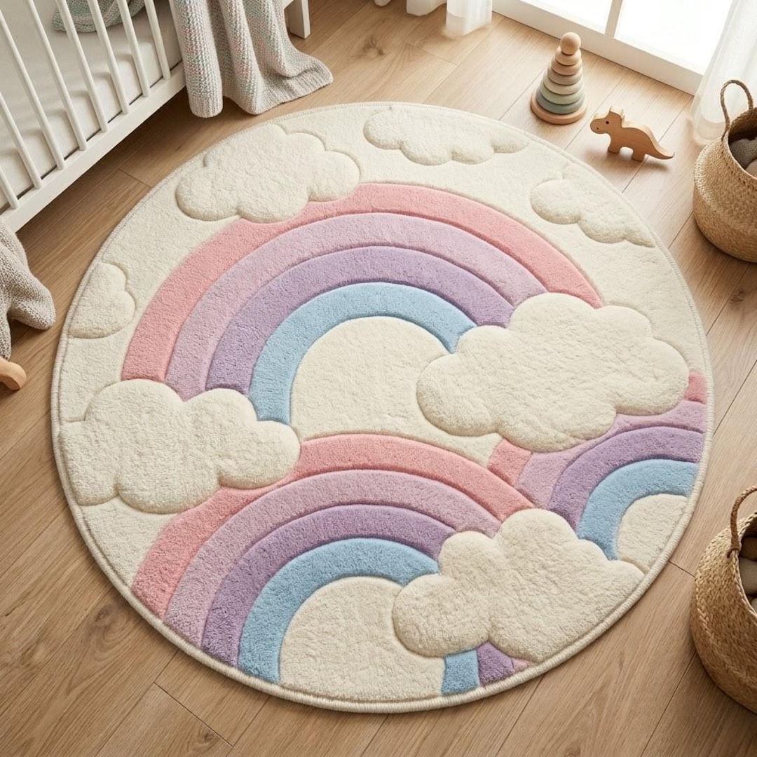 Nursery Rug Texture Pastel Rainbow Nursery Rug, Round 3D Cloud Kids Area Rug, Soft New ...
