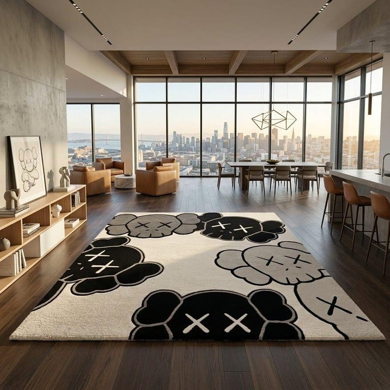 A large rectangular greyscale pop-art character wool area rug styled under a wooden coffee table, surrounded by a grey sofa and a brown leather lounge chair in a warm, wood-paneled mid-century modern living room.