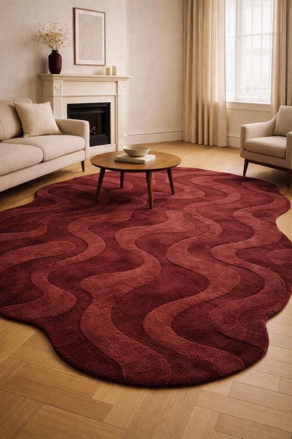 Burgundy Wave Area Rug – Hand Tufted Wool Modern Rug, Abstract Wavy Carpet, Luxury Living Room Bedroom Decor
