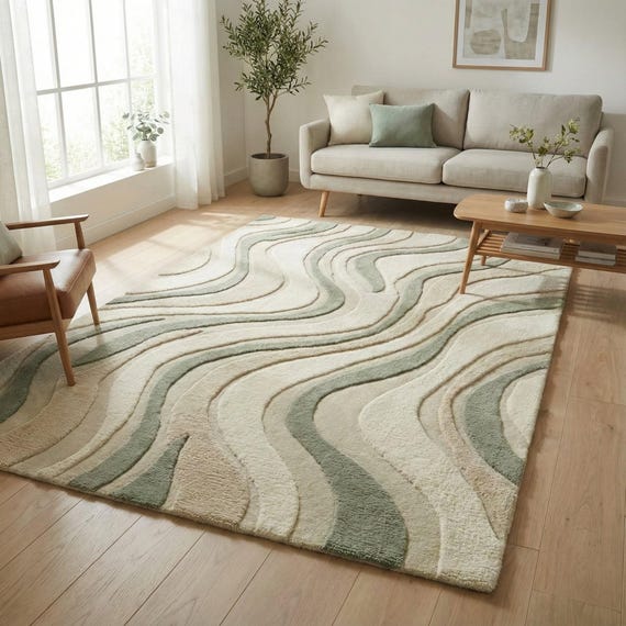 Organic Wave Wool Rug, Hand Tufted Sage Green Area Rug, Minimal Abstract Carpet, Modern Living Room Wool Rug
