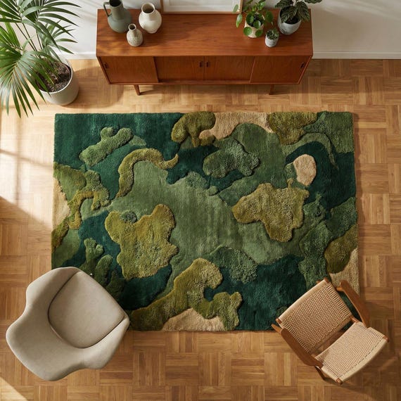 Hand Tufted Wool Moss Rug Forest Green Abstract Organic Area Rug Modern Living Room Carpet