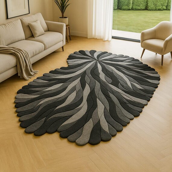 Abstract Swirl Wool Rug, 3D Petal Design, Black and Grey