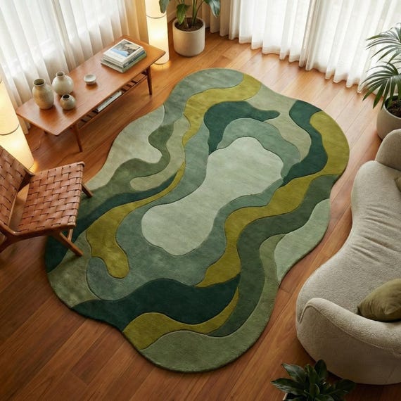 Organic Modern Green Abstract Wool Rug – Hand-Tufted Sculptural Boho Living Room Carpet