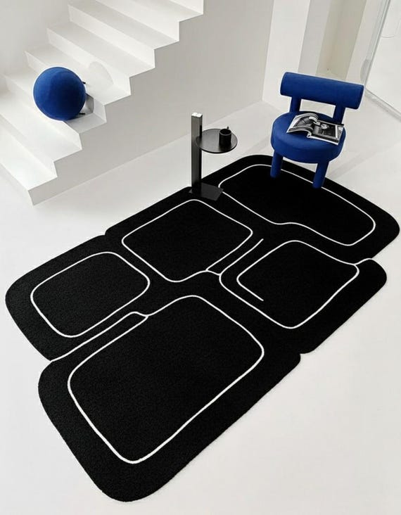 Black & White Hand Tufted Wool Rug, Modern Geometric Area Rug, Living Room Floor Carpet