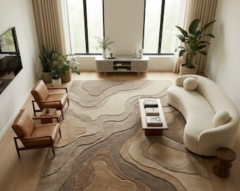 Hand-Tufted Wool Area Rug: Abstract Sculpted Design, Neutral Tones