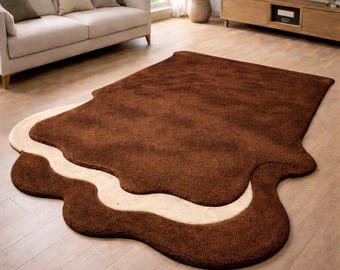 Hand Tufted Wool Rug, Irregular Organic Brown Shape, Modern Abstract Carpet