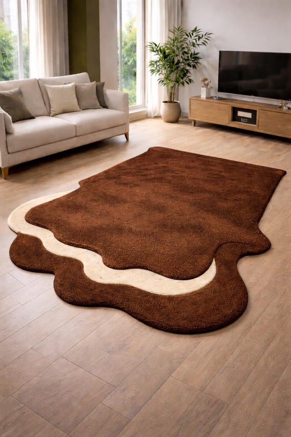 Irregular Organic Shape Brown Rug, Hand Tufted Wool Area Rug, Modern Abstract Carpet for Living Room, Minimalist Sculptural Floor Rug