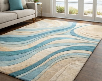 Hand Tufted Wool Area Rug | Coastal Abstract, Cream & Blue