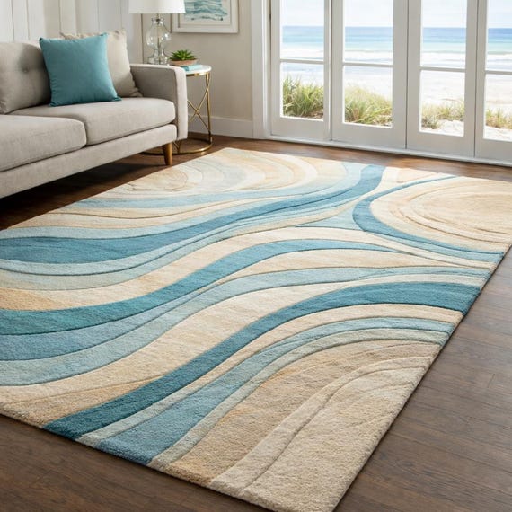 Modern Wavy Hand Tufted Wool Rug | Coastal Abstract Area Rug | Cream Blue Textured Carpet | 75% OFF