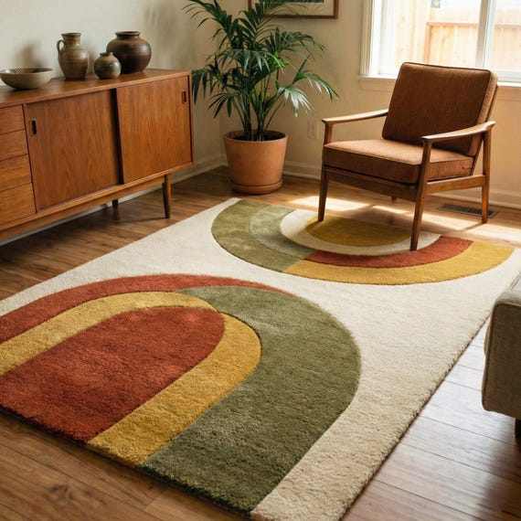 Modern Abstract Wool Area Rug Mid Century Arch Hand Tufted New Zealand Wool Green Mustard Plush Living Room Carpet 8x10 9x12 Custom