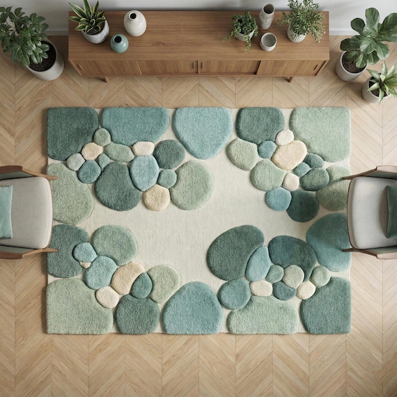 Hand Tufted Wool Moss Rug Pebble Abstract Area Rug Sage Green Organic Modern Living Room Carpet