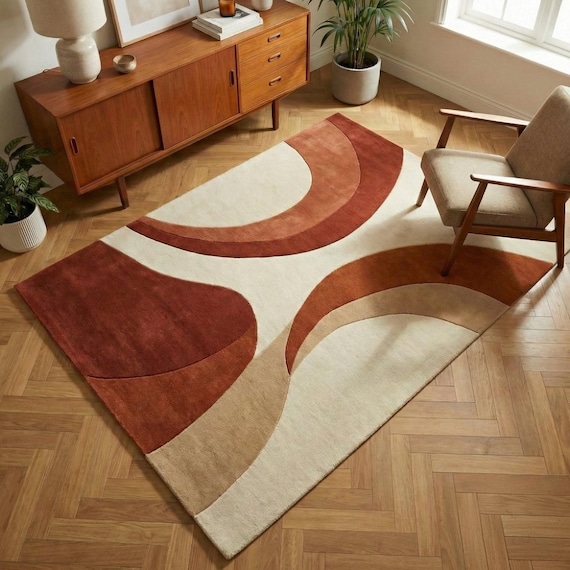 Modern Abstract Wool Area Rug Mid Century Hand Tufted New Zealand Wool Terracotta Beige Plush Living Room Decor 8x10 9x12 Custom Size