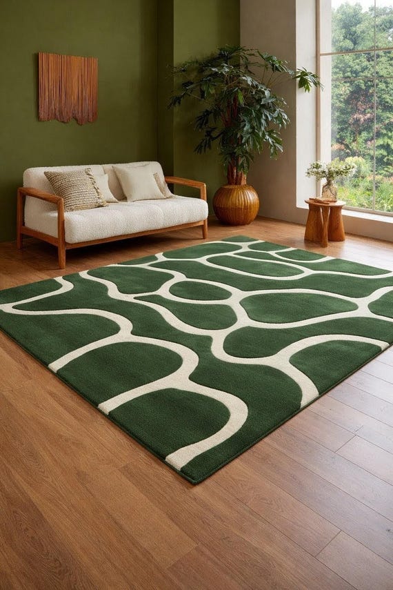 Green Abstract Organic Rug, Modern Hand Tufted Wool Area Rug, Scandinavian Minimal Carpet, Living Room Bedroom Decor