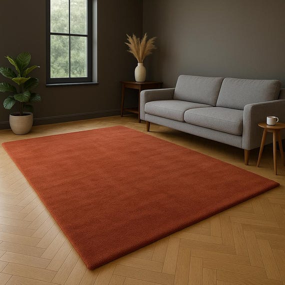 Hand Tufted Rust Wool Rug | Solid Terracotta, Minimalist Design