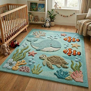 3D Ocean Wool Rug, Hand Tufted Whale Turtle Nursery Carpet