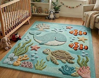 3D Ocean Wool Rug, Hand Tufted Whale Turtle Nursery Carpet
