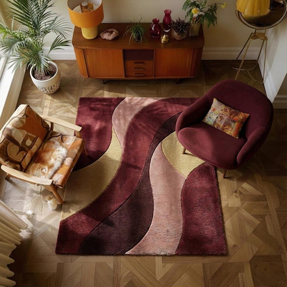 Abstract Wavy Wool Rug | Handmade Tufted | Burgundy Blush Beige | Modern Retro | Custom Size