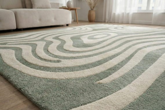 Hand Tufted Abstract Wool Rug, Sage Green & Ivory Modern Area Rug, Wavy Line Designer Carpet for Living Room