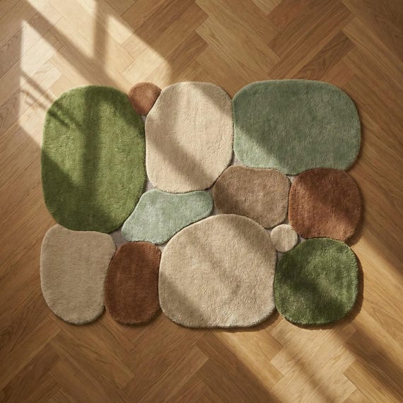 Hand Tufted Wool Area Rug Organic Pebble Design Modern Nursery Living Room Green Beige Brown Plush Soft 8x10 9x12 Custom