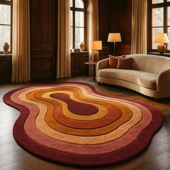 Modern Abstract Shaped Rug, Retro Wavy Area Rug in Burgundy Pink Mustard, Luxury Living Room Home Decor Carpet