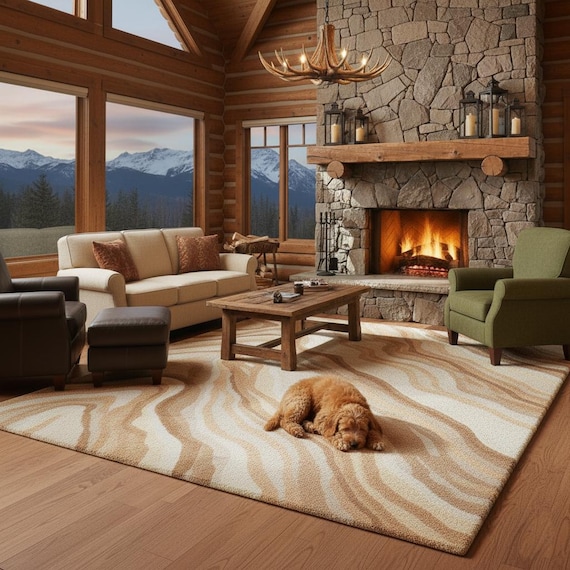 Hand Tufted Wool Wave Rug, Beige Brown Modern Area Rug, Abstract Living Room Carpet