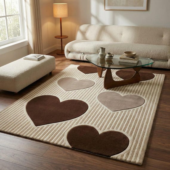 Heart Shaped Wool Area Rug Modern Organic Hand Tufted New Zealand Wool Cream Brown Plush Cozy Decor 8x10 9x12 Custom Size