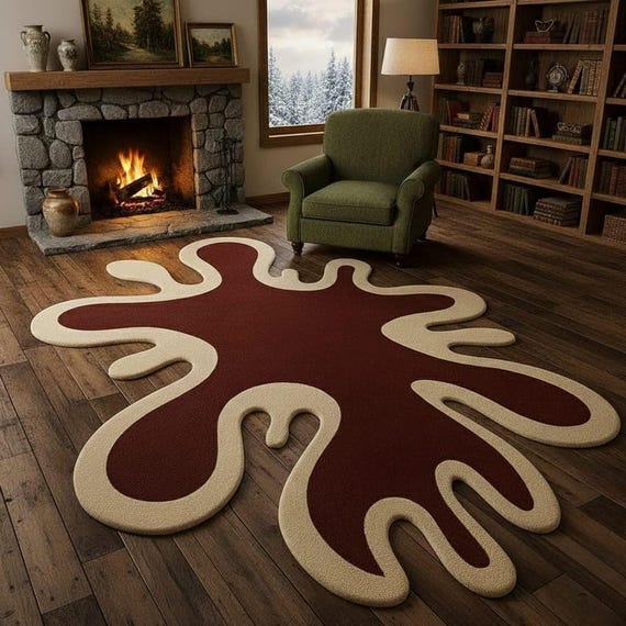 Abstract Burgundy Wool Rug, Modern Organic Shape, Hand-Tufted