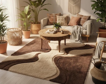 Hand Tufted Wool Rug, Abstract Wave Design, Modern Brown Beige Carpet