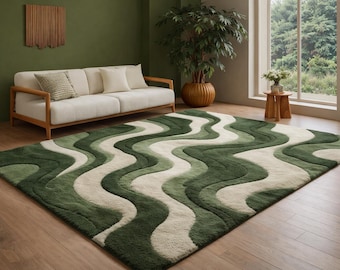 Hand Tufted Wool Rug | Green Wavy Abstract Textured Carpet