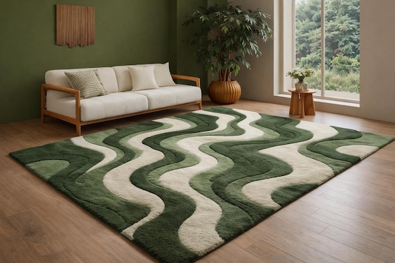 Green Wavy Hand Tufted Wool Rug | Modern Abstract Area Rug | Luxury Textured Carpet for Living Room Bedroom | 75% OFF