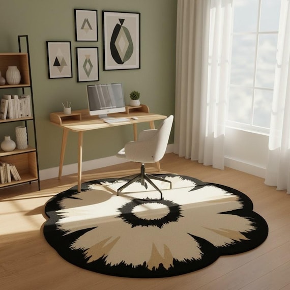 Hand-Tufted Round Floral Wool Rug – Modern Black & Cream Carpet