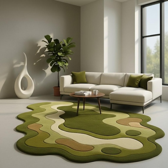 Luxury Hand-Tufted Wool Rug | Modern Green Wavy Abstract Carpet by Crafted Threads Rugs
