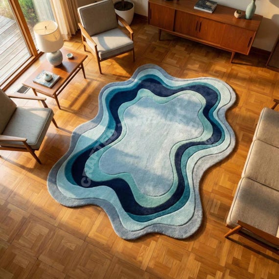 Abstract Organic Wool Rug, Blue Layered Wave Design, Hand-Tufted