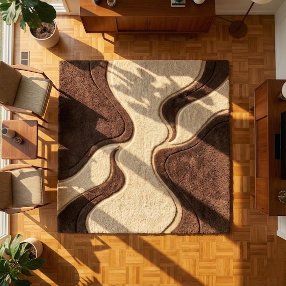 Hand Tufted Wool Abstract Wave Rug, Modern Brown Beige Area Rug for Living Room, Organic Curved Design Carpet, Custom Size Rug