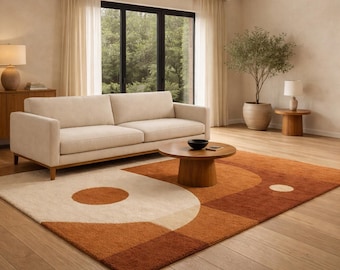 Abstract Area Rug, Terracotta Cream Wool Rug, Hand Tufted Modern Geometric Rug, Earth Tone Living Room Carpet, Contemporary Home Decor