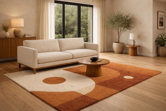 Modern Abstract Hand Tufted Wool Rug | Terracotta Rust Area Rug | Minimal Geometric Carpet for Living Room Bedroom | Handmade Wool Rug