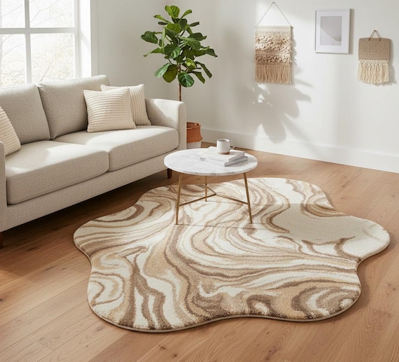 Abstract Marble Area Rug: Beige Cream Wavy Accent Rug