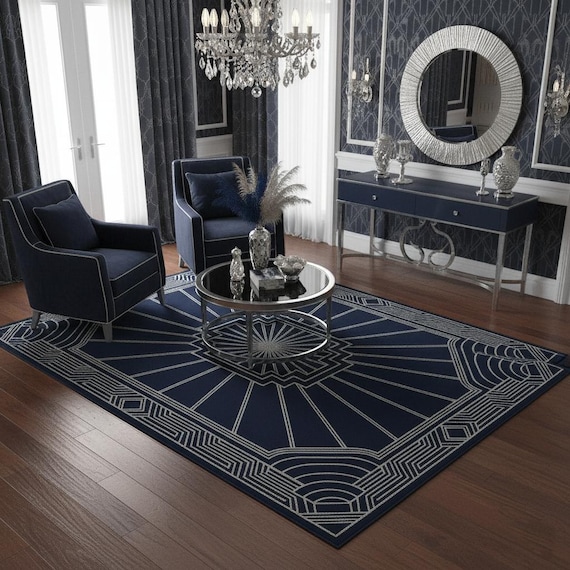 Hand-Tufted Wool Rug – Navy & Silver Art Deco Design