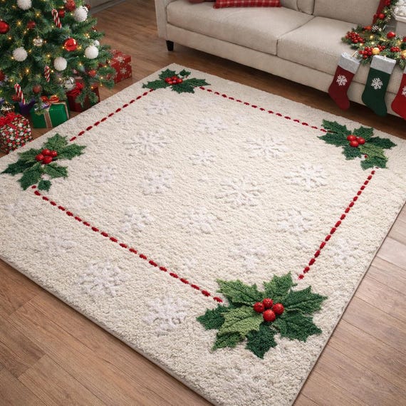 Hand Tufted Christmas Rug, Holiday Wool Area Rug, White Festive Carpet with Holly Design, Cozy Winter Living Room Decor