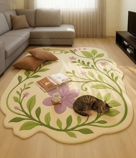 Hand Tufted New Zealand Wool Rug, Floral Organic Shape coustom size rug