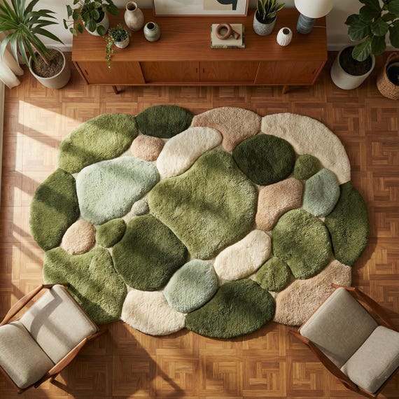 Hand Tufted Wool Round Rug Green Pebble Abstract Area Rug Organic Modern Living Room Luxury Carpet